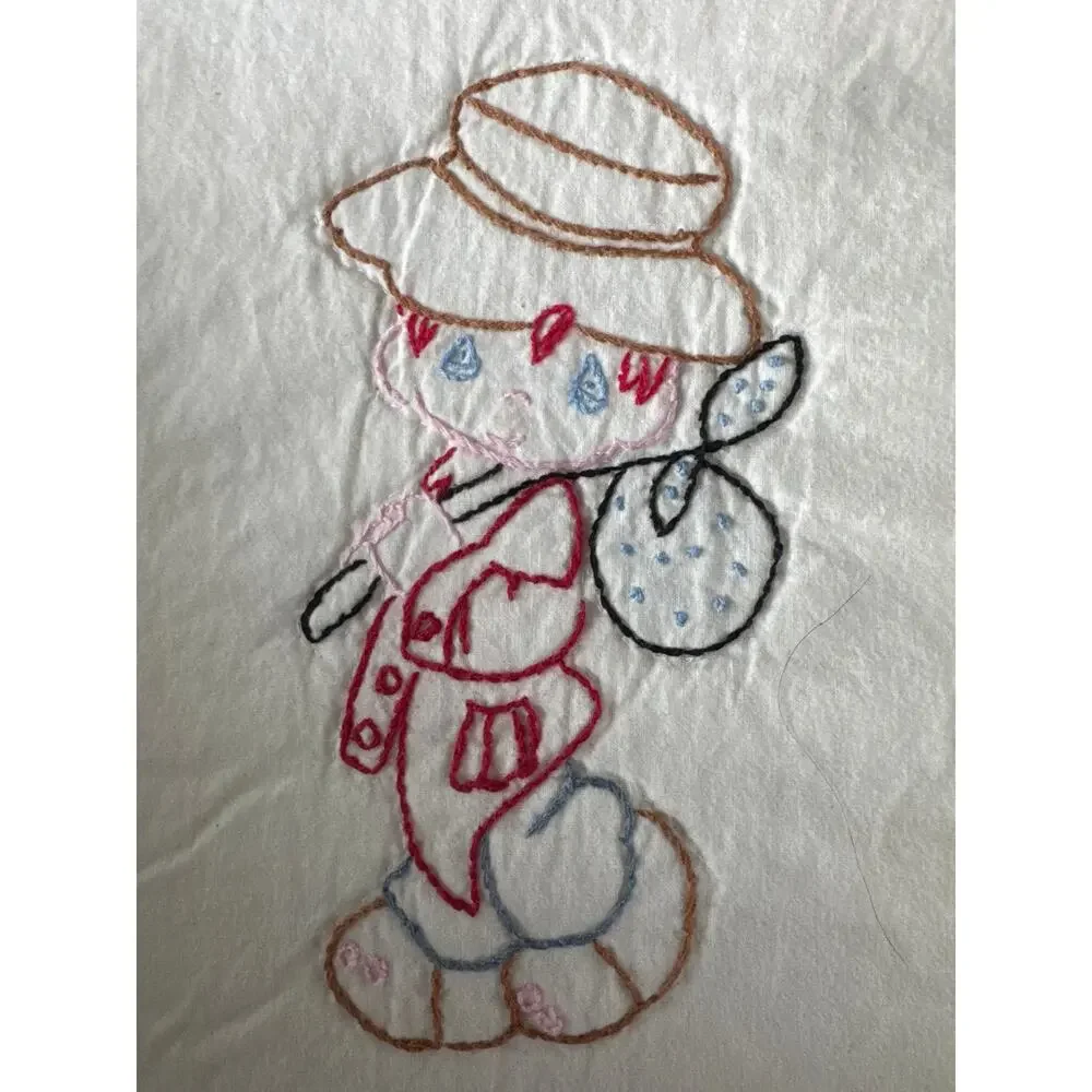 Vintage Hand Embroidered Child’s Quilt – Blue & White Precious Moments Style